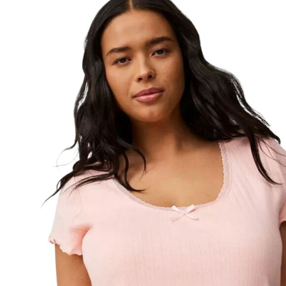 TORRID Plus Size New Pointelle Scoop Neck Lace Trim Impatient Pink Top 2X - Picture 3 of 16